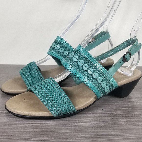 Munro Murocco Ankle Strap Sandal, Turquoise Blue Woven Leather, Womens Size 8 M - Picture 3 of 14